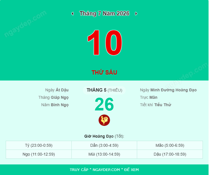 Giờ đẹp, giờ tốt xấu ngày hôm nay 10/07/2026