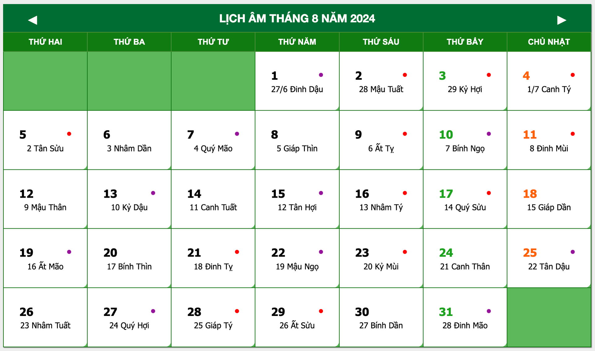 Lịch âm tháng 8 năm 2024