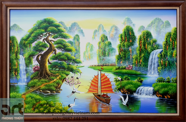 Tranh sơn thủy đặt phòng khách ngụ ý tiền tài dồi dào