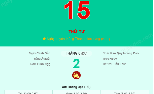 Giờ đẹp, giờ tốt xấu ngày hôm nay 15/07/2026 - Lịch âm dương hôm nay