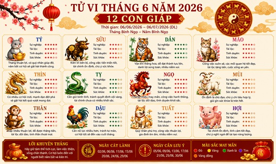 Tử vi tháng 6/2026 cho 12 con giáp