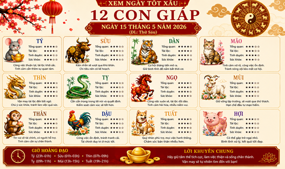 Xem tử vi cho 12 con giáp thứ 6 ngày 15-05-2026