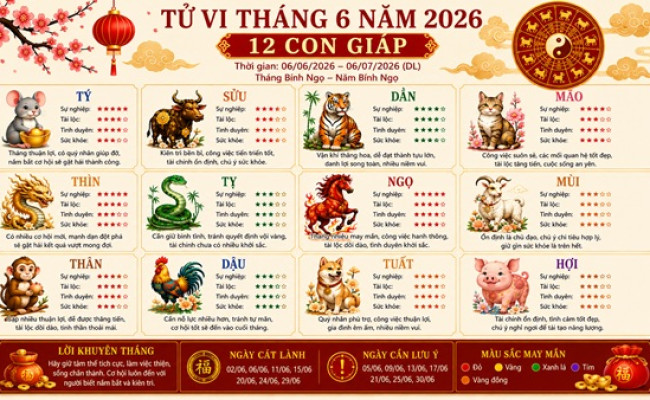 Tử vi tháng 6/2026 cho 12 con giáp